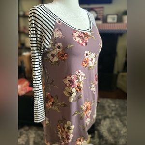 Maggie Fit super soft long sleeve blouse with scoop neck. Striped sleeves.